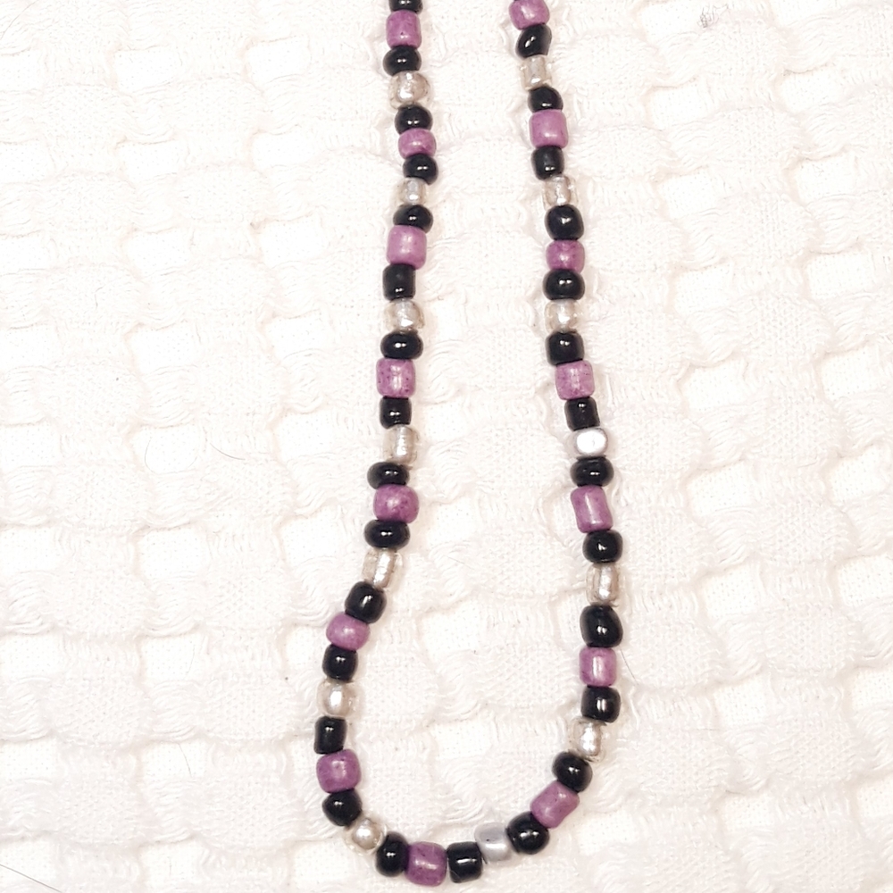 Handmade Single Strand Beaded Necklace 34" - Purple Black Metal Bead Necklace - Picture 9 of 9